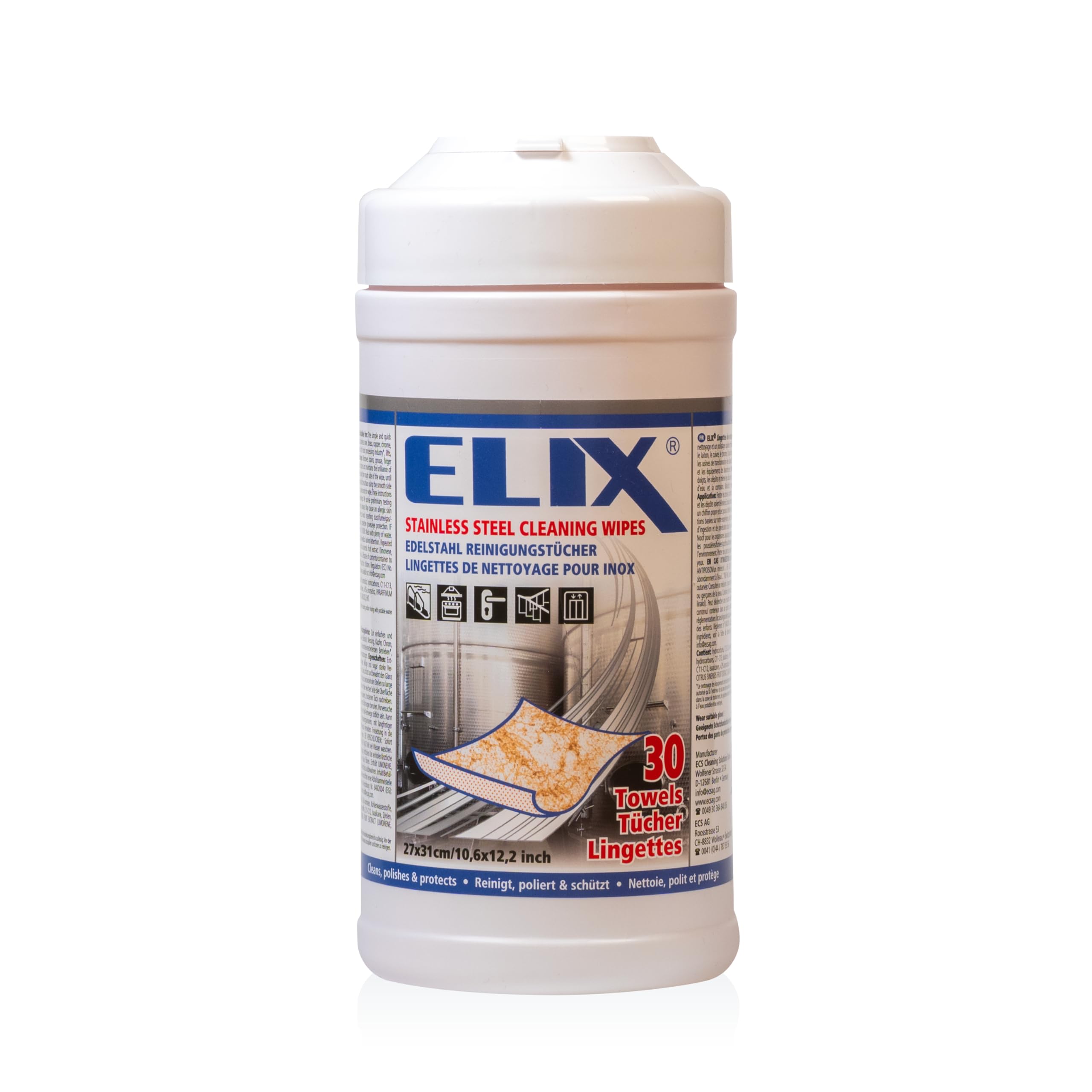 ELIX Salviette Umidificate per la Pulizia dell’ Accacio Inox - per Acciaio Inox, Alluminio, Ceramica, Cromo, Rame e Ottone - 30 Pezzi in Dispenser - Panni Umidi 27 * 31cm - Resistenti ed Efficaci