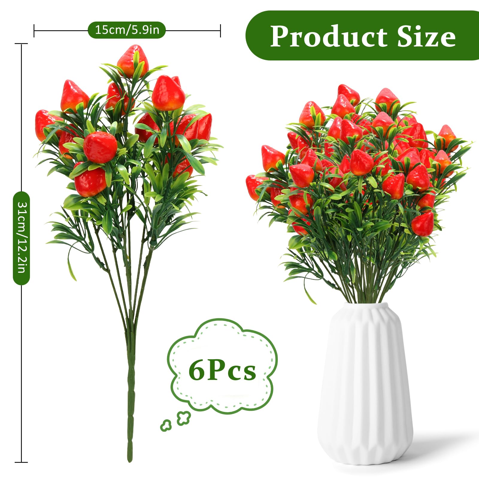 6Pcs Fake Strawberries Plants, Artificial Strawberry Vase Centerpieces for Home Tables Decor