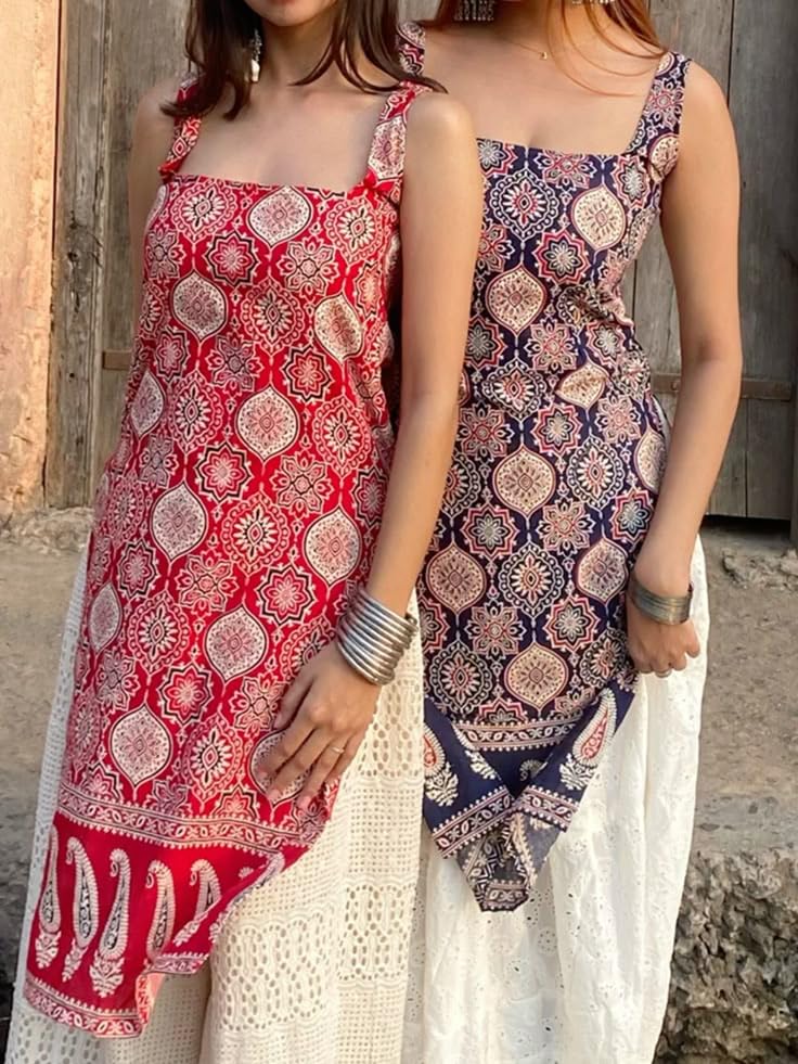 Image of Women's Sleeveless Ajrak Print Kurti, Pure Cotton Straight Fit Straight Cambric Jaipuri Printed Kurti
