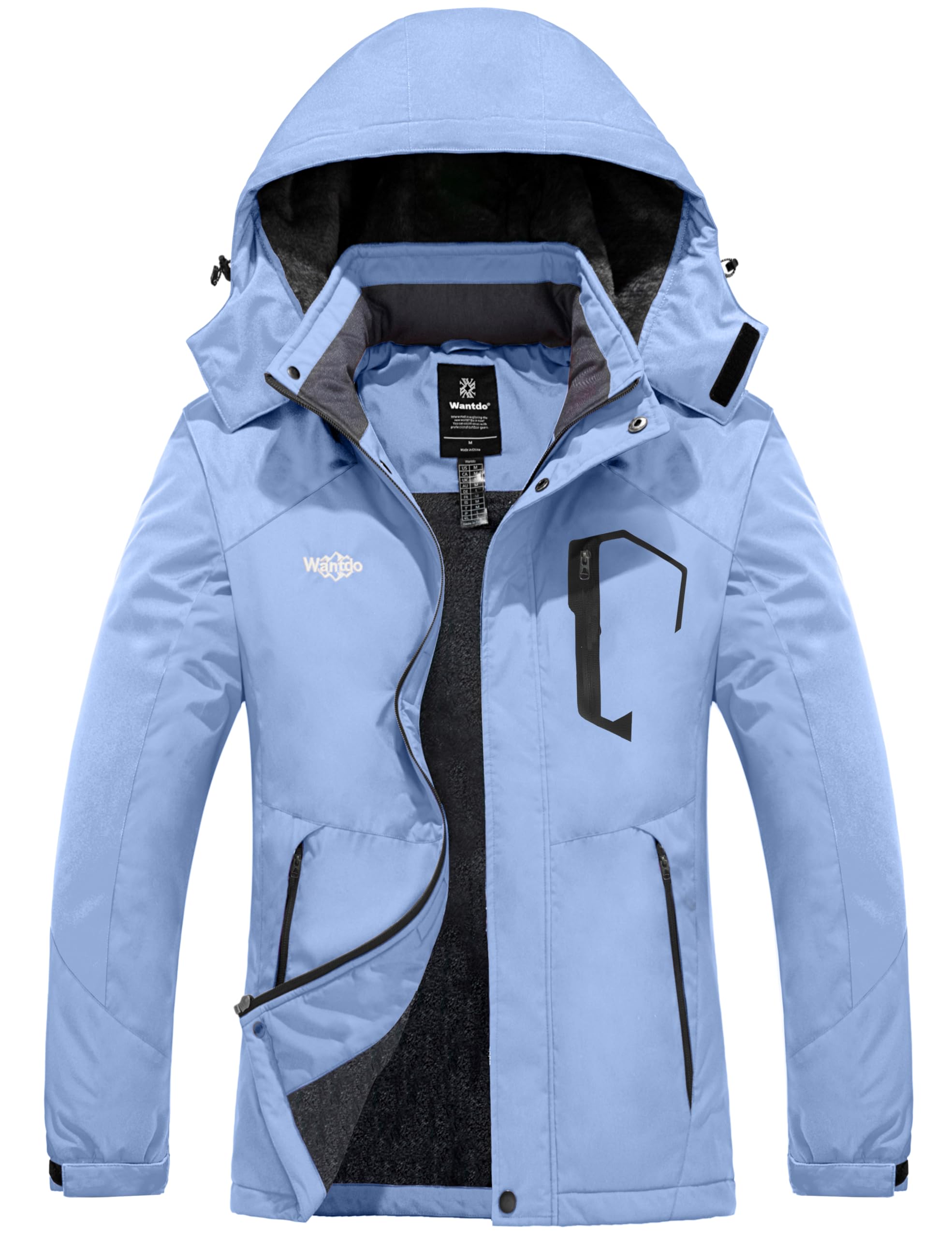 Wantdo Damen Skijacke Fleece Kapuze Winter Windbreaker Jacke Black XL | Wasserdicht,Winddicht,Warm Gefüttert, Brusttasche,Verstellbare Bündchen, Damen Wintermantel,Outdoor,Snowboard,Wandern,Berg