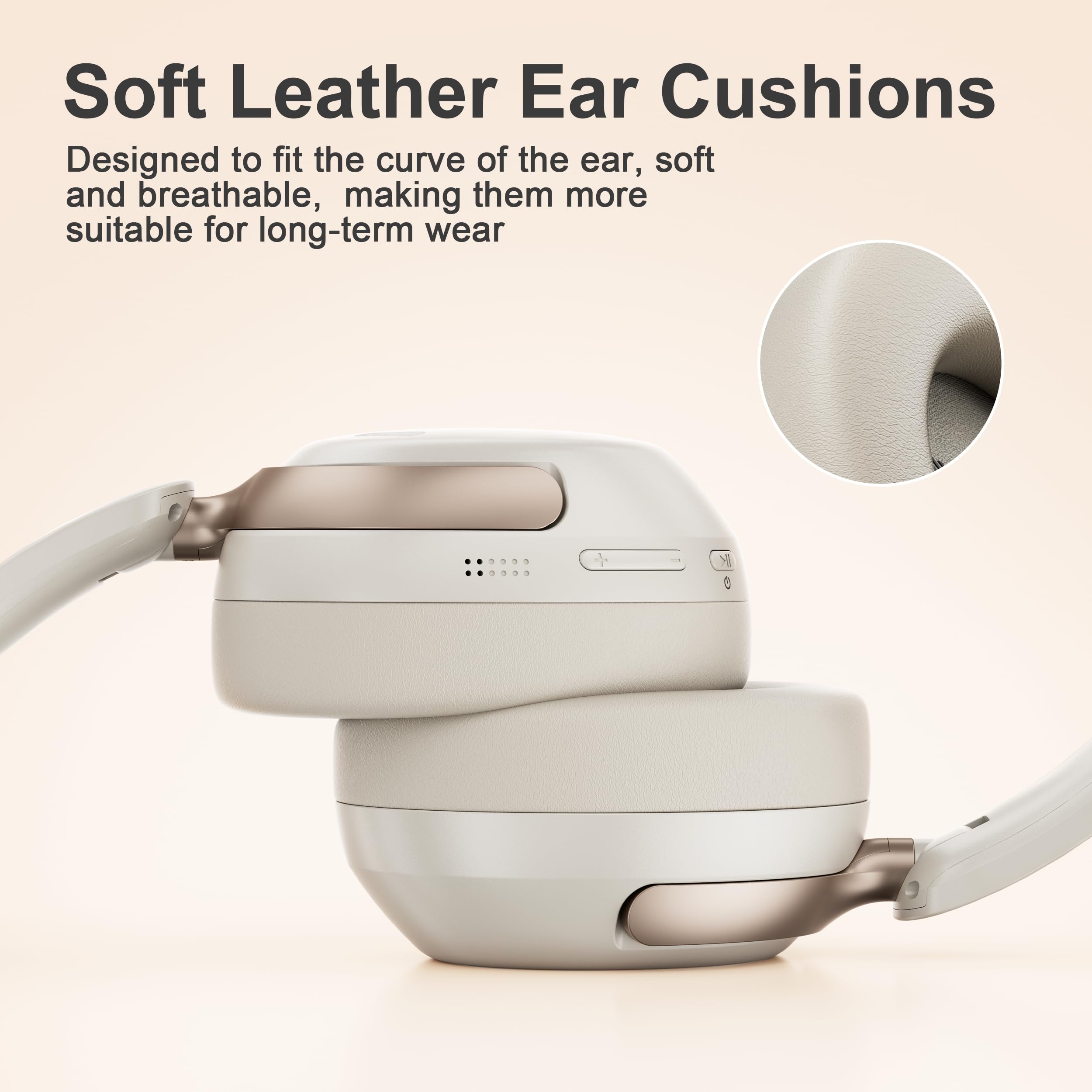 LORELEI QC30 - Cuffie ibride con cancellazione attiva del rumore, Bluetooth wireless over-ear, pelle proteica beige, controllo attivo del rumore e modalità trasparenza, bassi profondi, microfono