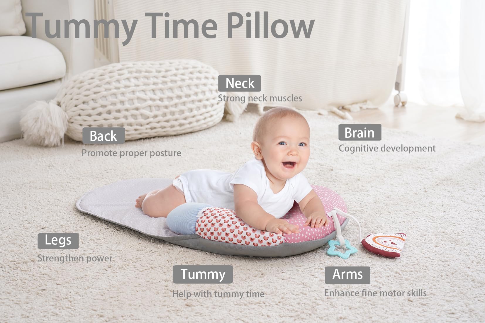 2-in-1 Tummy Time Baby Mat & Seated Support Pillow, Tummy Time Cushion with Detachable Support Prop - Image 4
