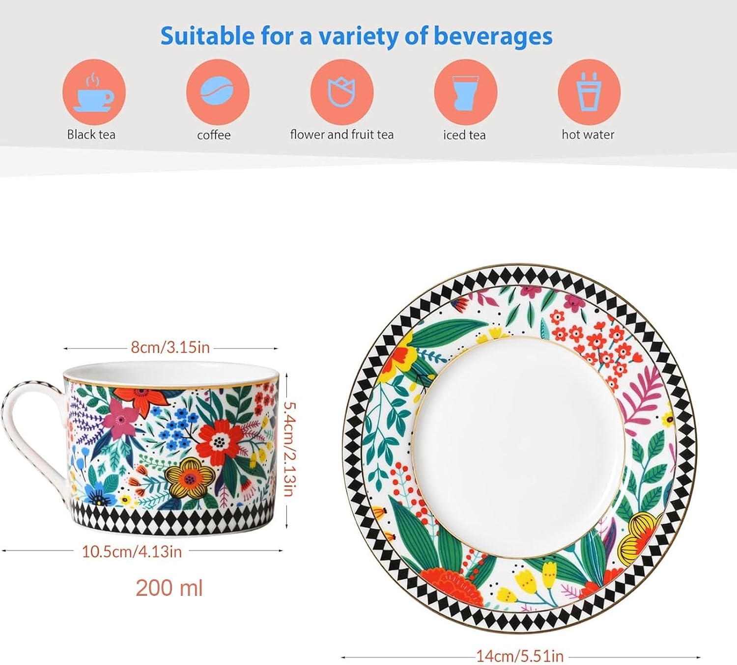 48% Bone China Tea Cup and Saucer Set -6.7 oz Vintage Tea Cups, 24k Pure Gold Hand-Painted Outline, Vintage Floral Porcelain Teacup Set for Tea Party & Espresso, Gift for Women, Non-Toxic
