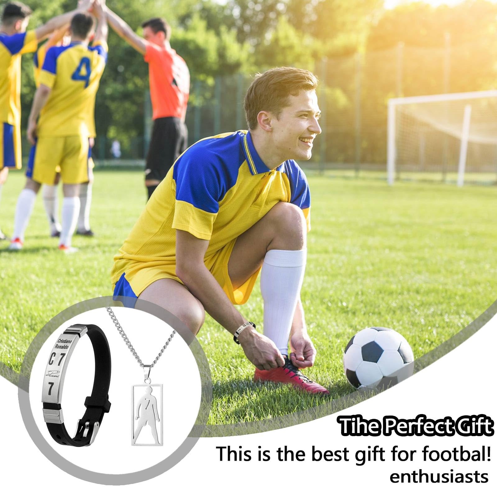 Juego de collar de fútbol de acero inoxidable ajustable y pulsera de silicona para hombres