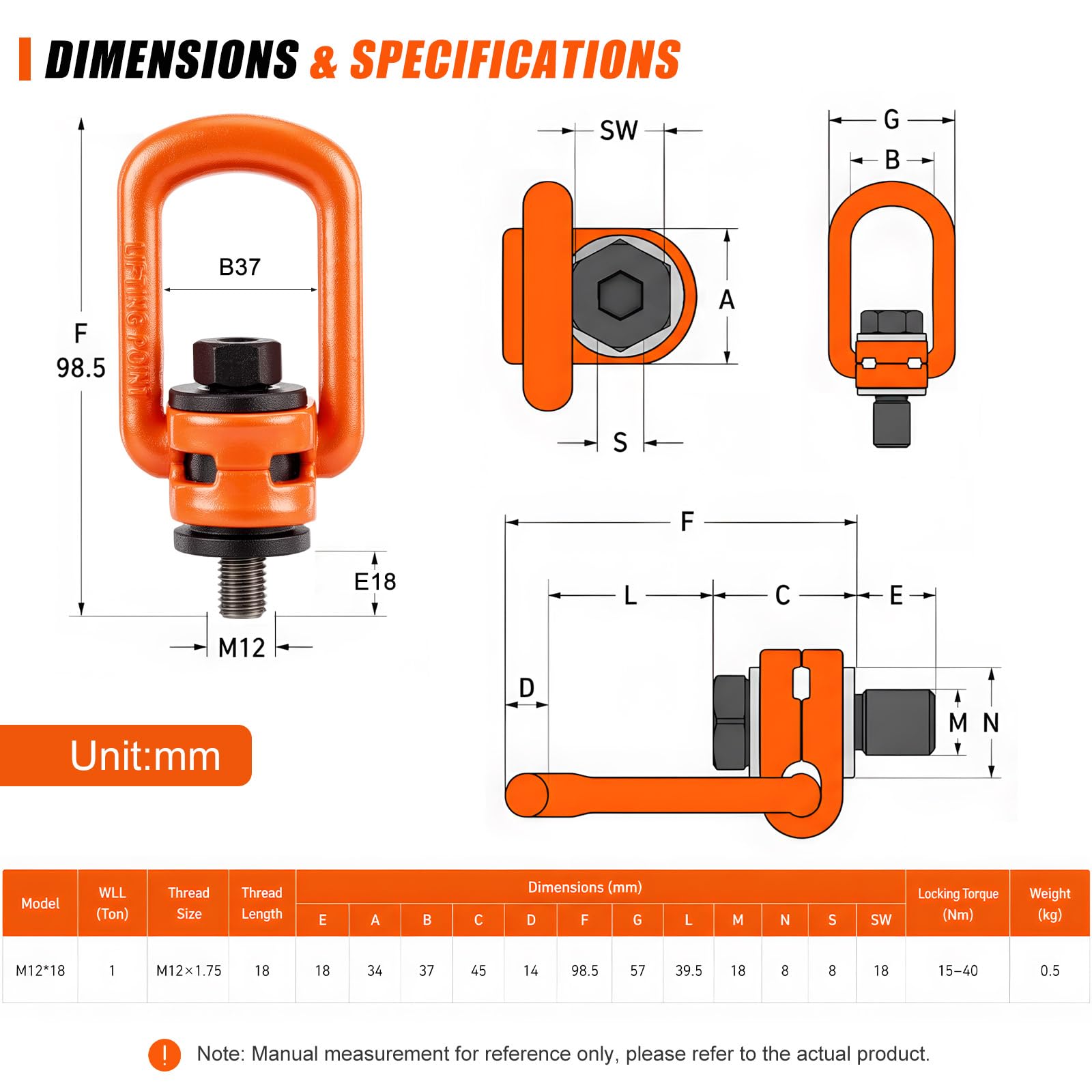 Flutesan 2 pernos de ojo M12 x 18 de rosca métrica resistente, 1 tonelada de capacidad, anillo de elevación de acero de aleación de grado 80, rotación de 360°, hardware de aparejo para grúa