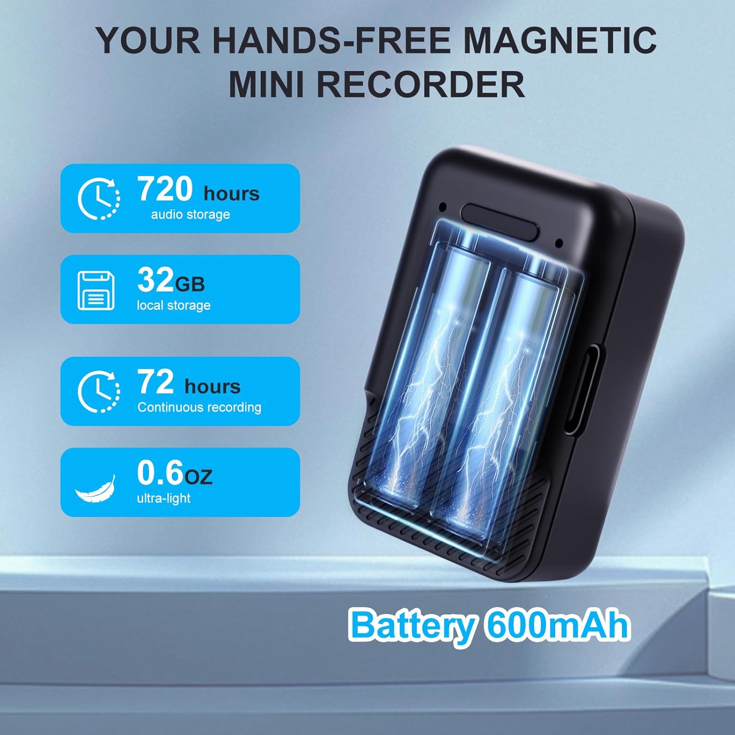 Mini Magnetic Voice Recorder – Voice Activated Audio Recording Device for Car, Meeting, Office – 72-Hour Battery, USB-C, Noise Reduction, One-Click Operation