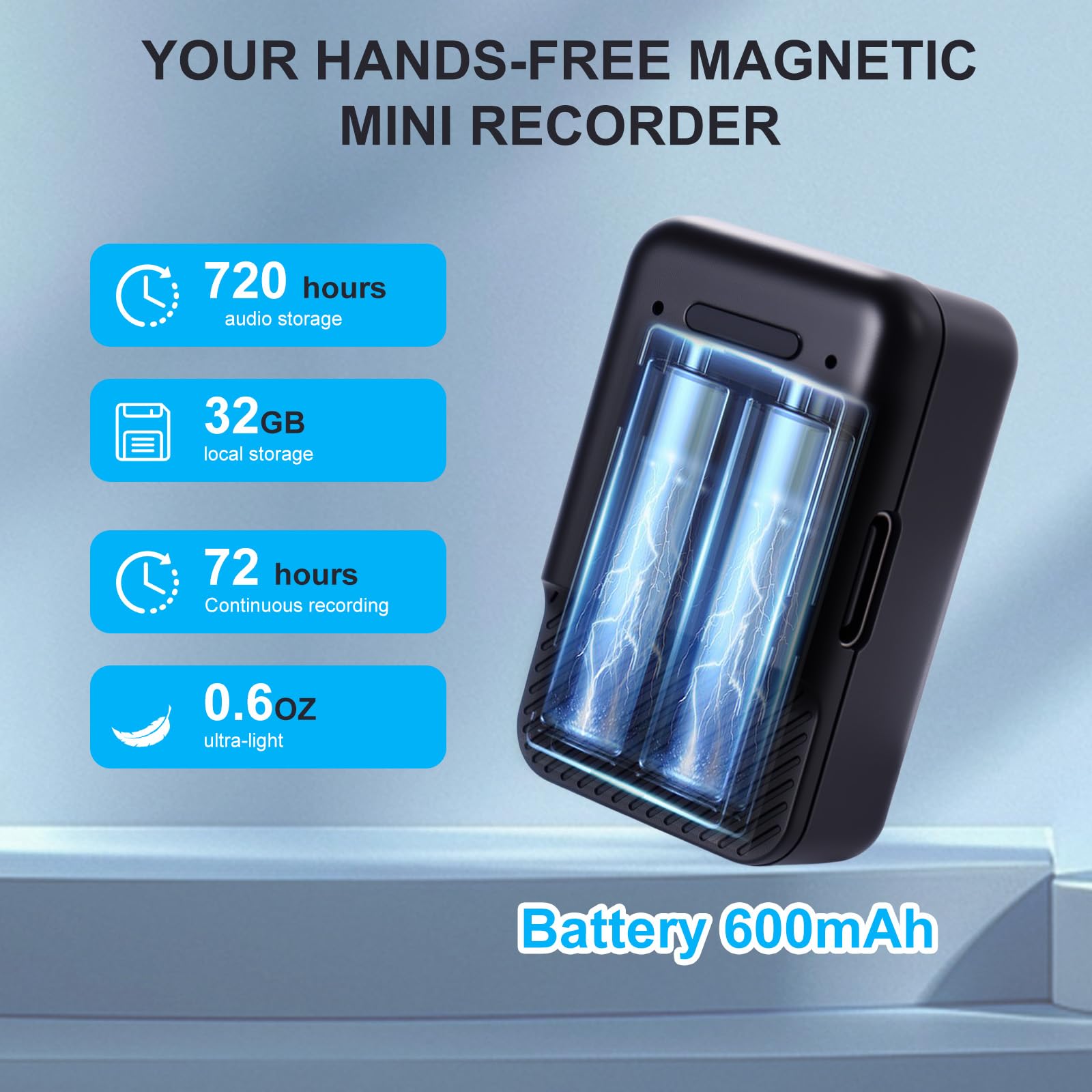 Mini grabadora de voz magnética - Dispositivo de grabación de audio activado por voz para coche, reunión, oficina - Batería de 72 horas, USB-C, reducción de ruido, operación con un solo clic