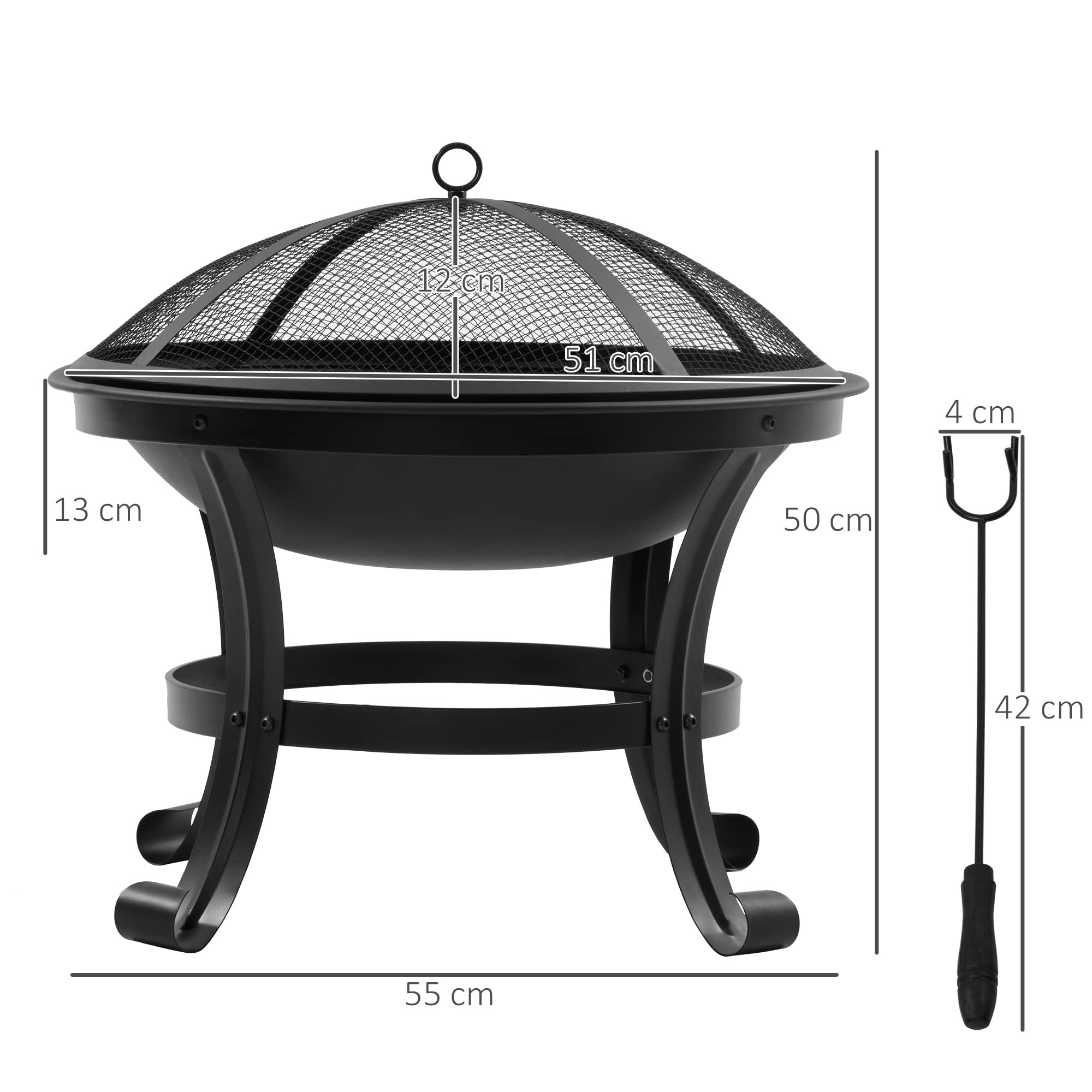 Outsunny Brasero Exterior para Jardín Pozo de Fuego de Acero con Protector de Chispas y Atizador para Hogueras en Terraza Camping Ø55x50 cm Negro