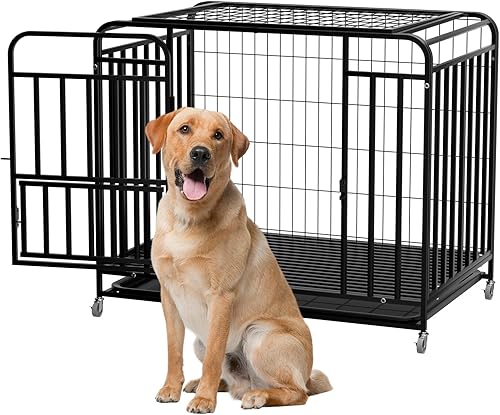 Jaula resistente y fácil de limpiar de 42 pulgadas con doble puerta extraíble, a prueba de escapes, jaula grande para perros con ruedas con