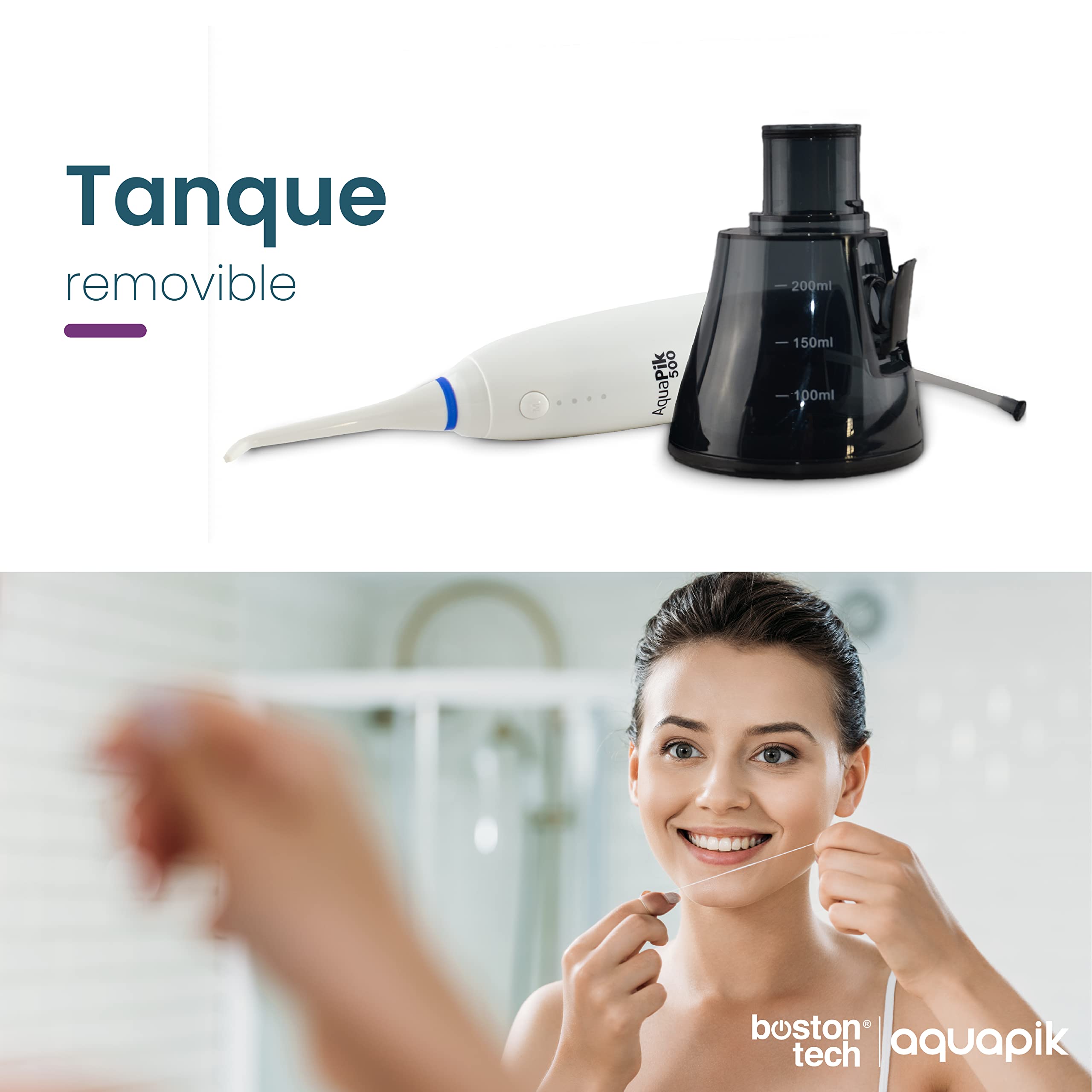 Aquapik 500, Irrigador Bucal Portátil con Diseño Único Deformable Tanque de Agua removible. Irrigador Dental Recargable para Viajes y Oficina.6 boquillas, 4 modos, Impermeable IPX7 (Blanco)