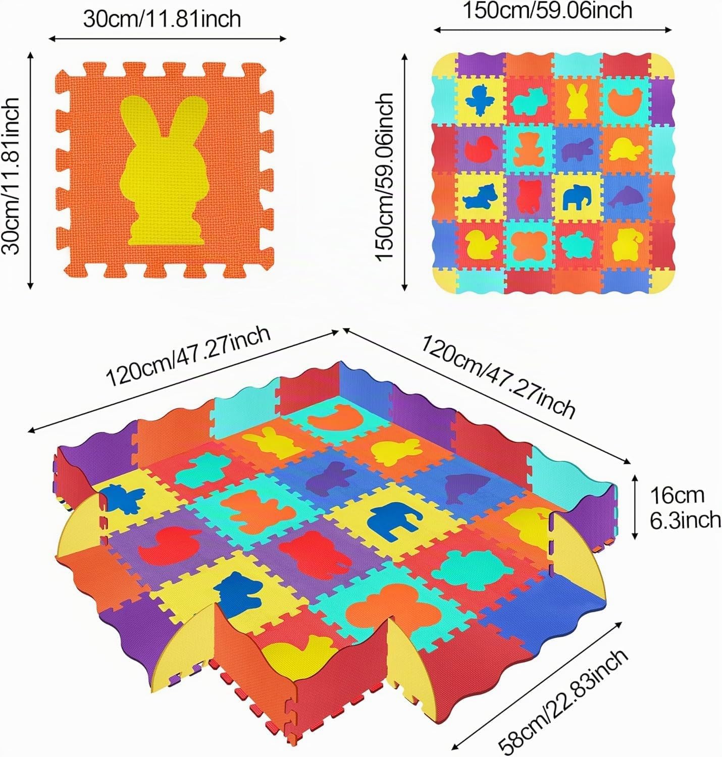 Tapis Puzzle Bébé 145x145 Cm – 36 Pièces EVA Sans BPA – Bordure Barrière Antidérapante – Intérieur/Extérieur