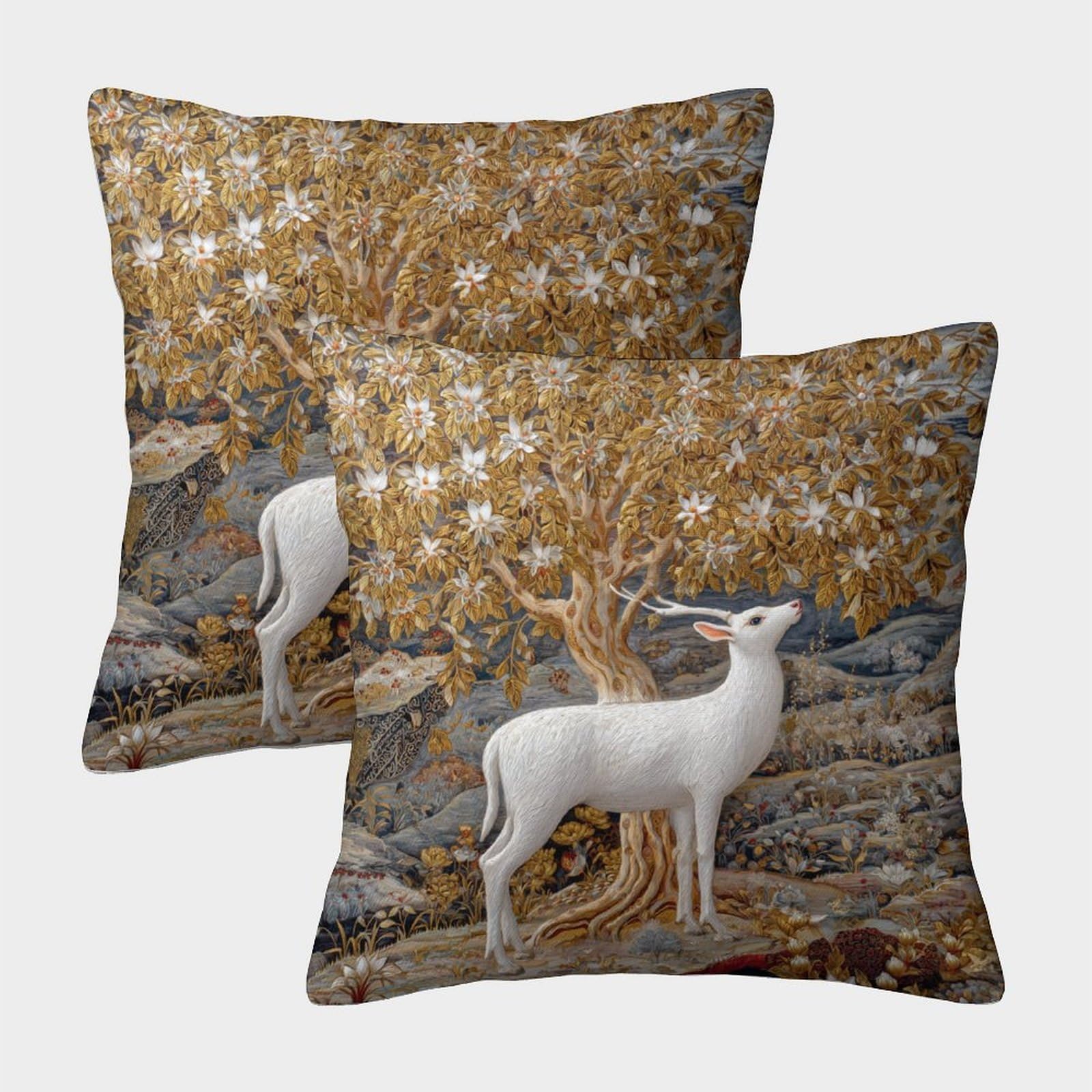 kaiyun 2 Pack White Deer Bodhi Tree Theme Square Cushion Cover Decoration Pillow Cover Suitable for Home Sofa Bedroom Living Room 45x45cm