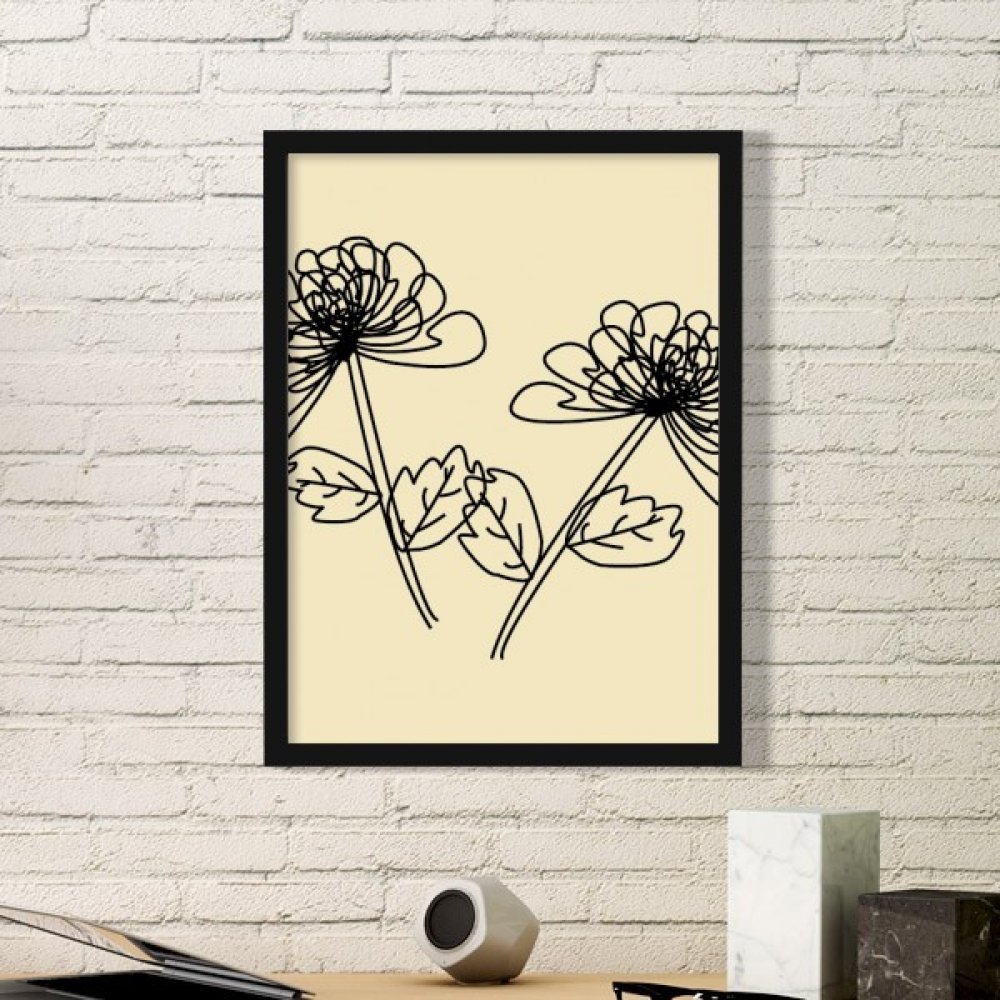 Cadre photo noir chrysanthème dessin au trait bois