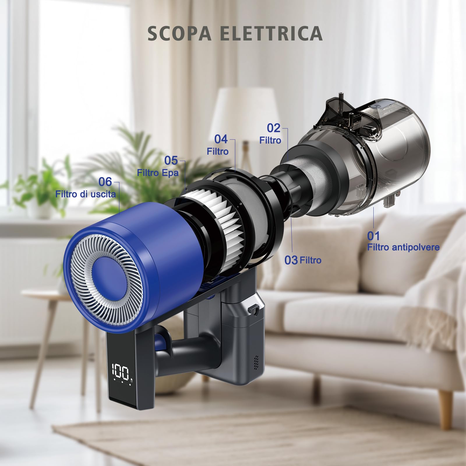 SculifyVita Aspirapolvere Senza Fili Potente 58KPA, Scopa Elettrica con Anti-Groviglio e LED per Peli Animali, 60 Min Autonomia, 2L, HEPA H13, Autoportante