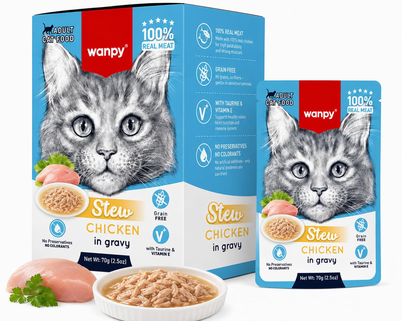 Wanpy Kitten Wet Cat Food, Chicken in Gravy Stew, Meat | Grain Free Taurine & Vitamin E | Healthy Skin & Coat, 700g (Pack of 10 x 70g)-image-12