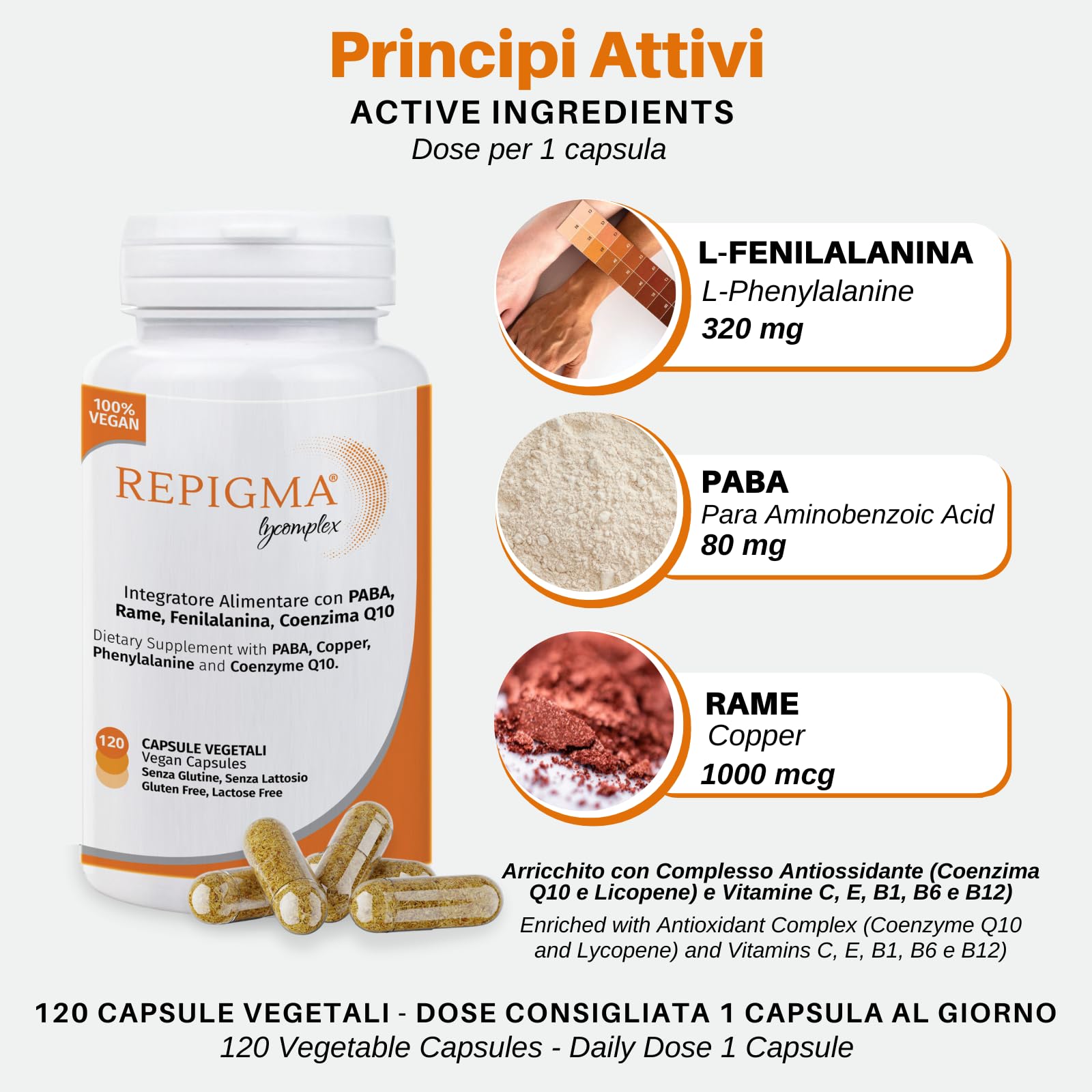 Repigma Lycomplex - Complemento alimenticio útil en el tratamiento del vitíligo y de las manchas blancas de la piel - Envase de 120 cápsulas