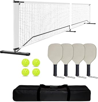 Kit Filet de Pickleball Portable 22 ft réglementaire - Cadre métal Robuste, Montage Facile, Filet résistant aux intempéries - 4 Raquettes, 4 balles, Sac de Transport