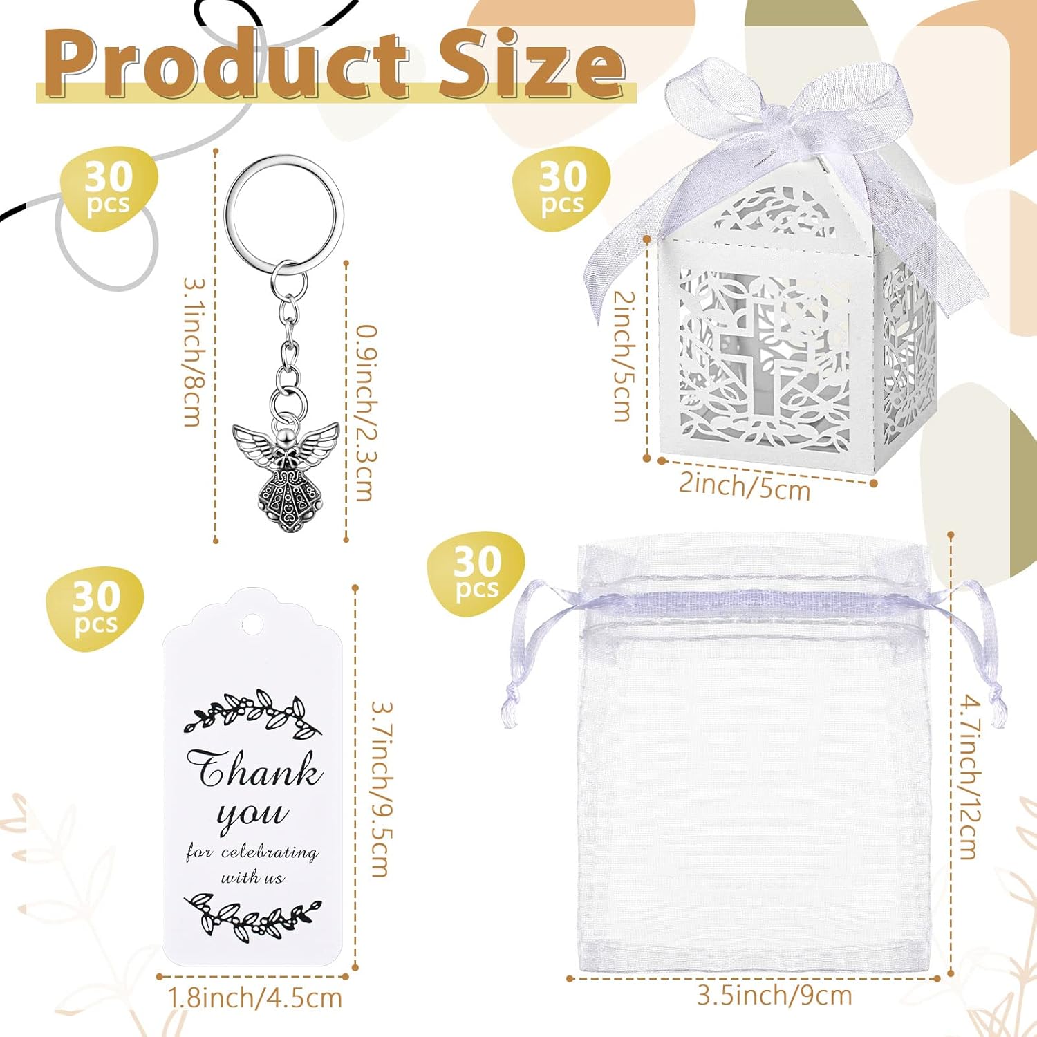 Bonuci 120 Pieces Recuerdos De Bautizo Baptism Party Supplies Angel Keychain Pendant First Communion Party Boxes White Organza Bags with Drawstring Thank You Tags for Guests Shower, 30 Sets - Image 2