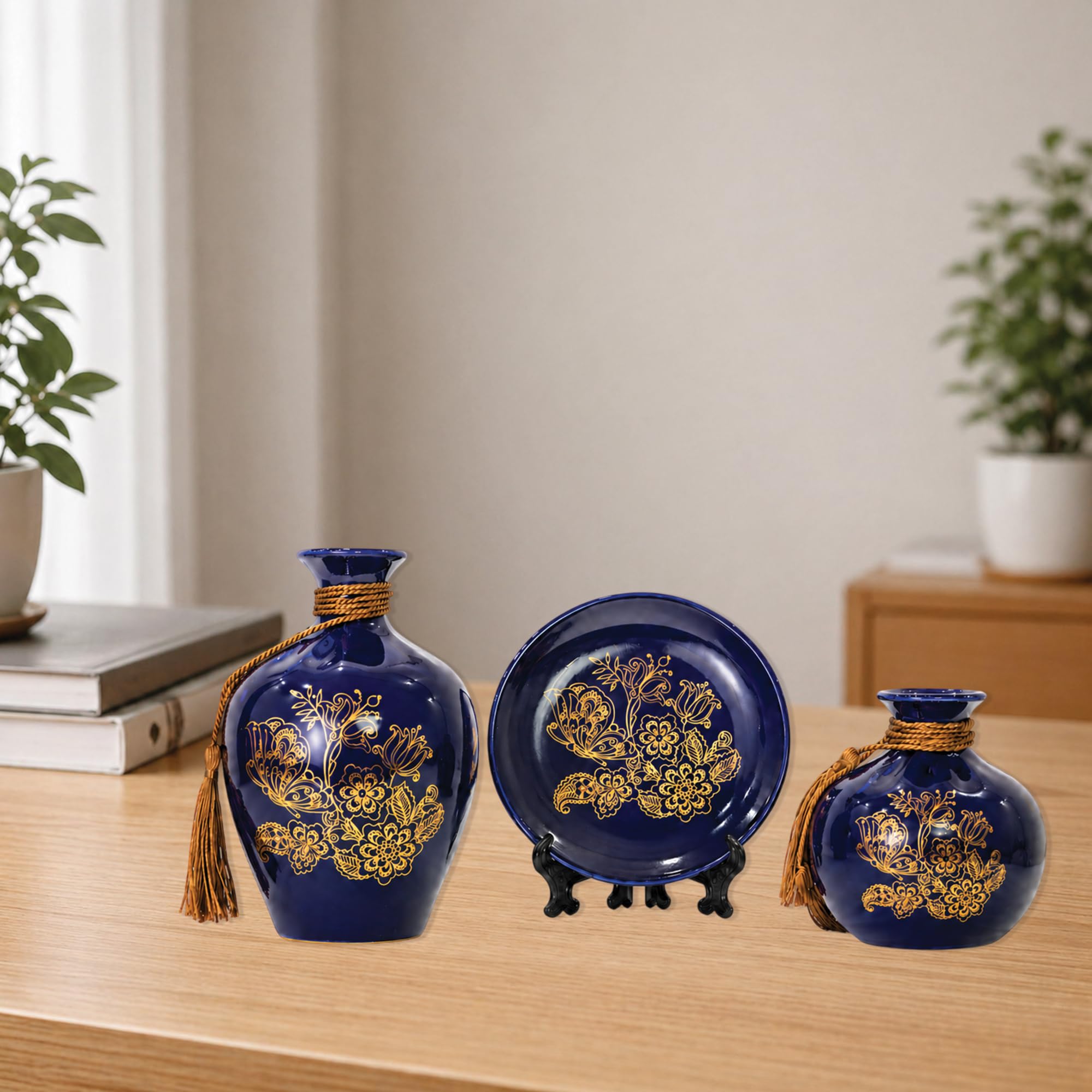 Royal Blue Ceramic Vase & Decorative Plate Set with Gold Floral Artwork | Luxury Table Decor Combo for Living Room, Bedroom & Office | Elegant Handmade Home Decoration, Set of 3-image-35