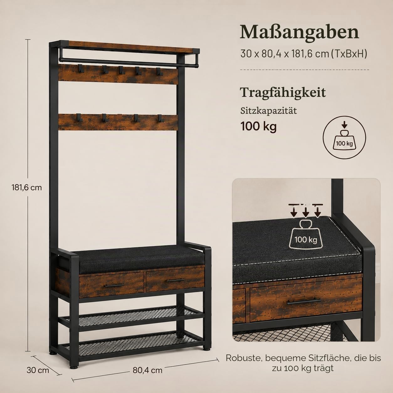 Garderobe mit Sitzbank und Schuhregal – mit 2 Schubladen - Garderobenständer mit Kleiderstange, 8 Doppelhaken, 2 Schubladen und Schuhablage – Flurgarderobe mit Sitzfläche 80 x 32 x 181 cm