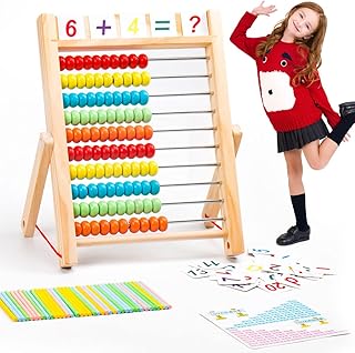 HJKLDBI Wooden Abacus for Kids Math 10-Row Wooden Frame Abacus Alphabet Cards Preschool Math Learning Toy Wooden Counting Abacus for Kids Toddlers with Multi-Color Beads Counting Sticks Number