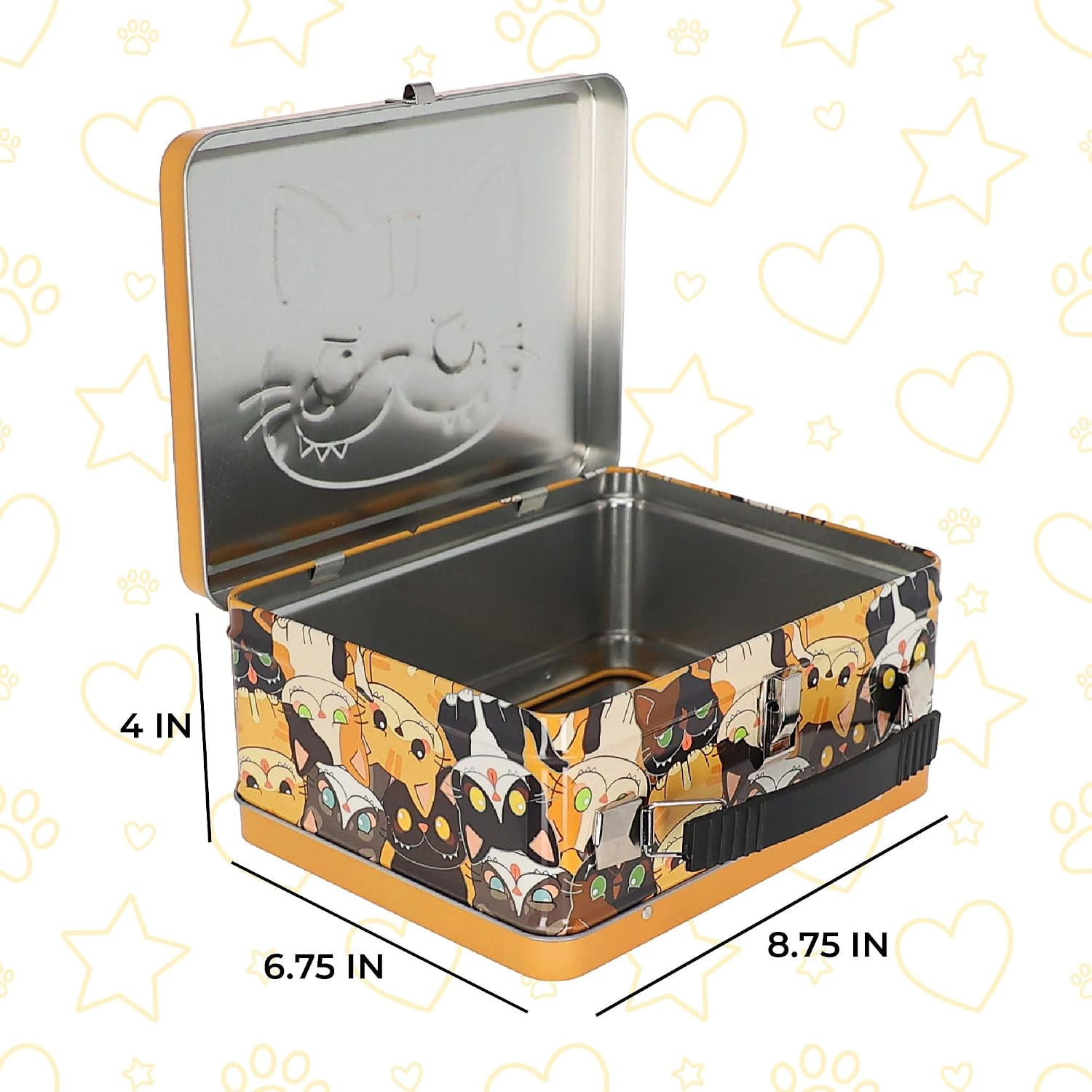 Sweet and Sour Cat Metal Fun Box Storage Case with Handle, Embossed Tin Design, Decorative Organizer for Teens and Adults