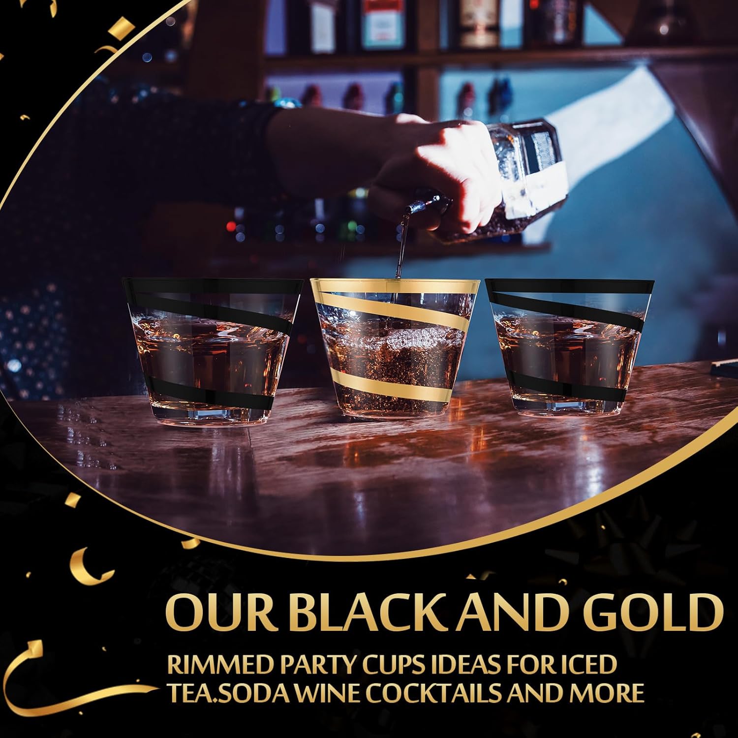Gejoy 9 oz Rimmed Swirl Plastic Cups Disposable Wine Drinking Cups Clear Elegant Halloween Tumblers for Christmas Party Supplies(Black, Gold,100 Pcs) - Image 4