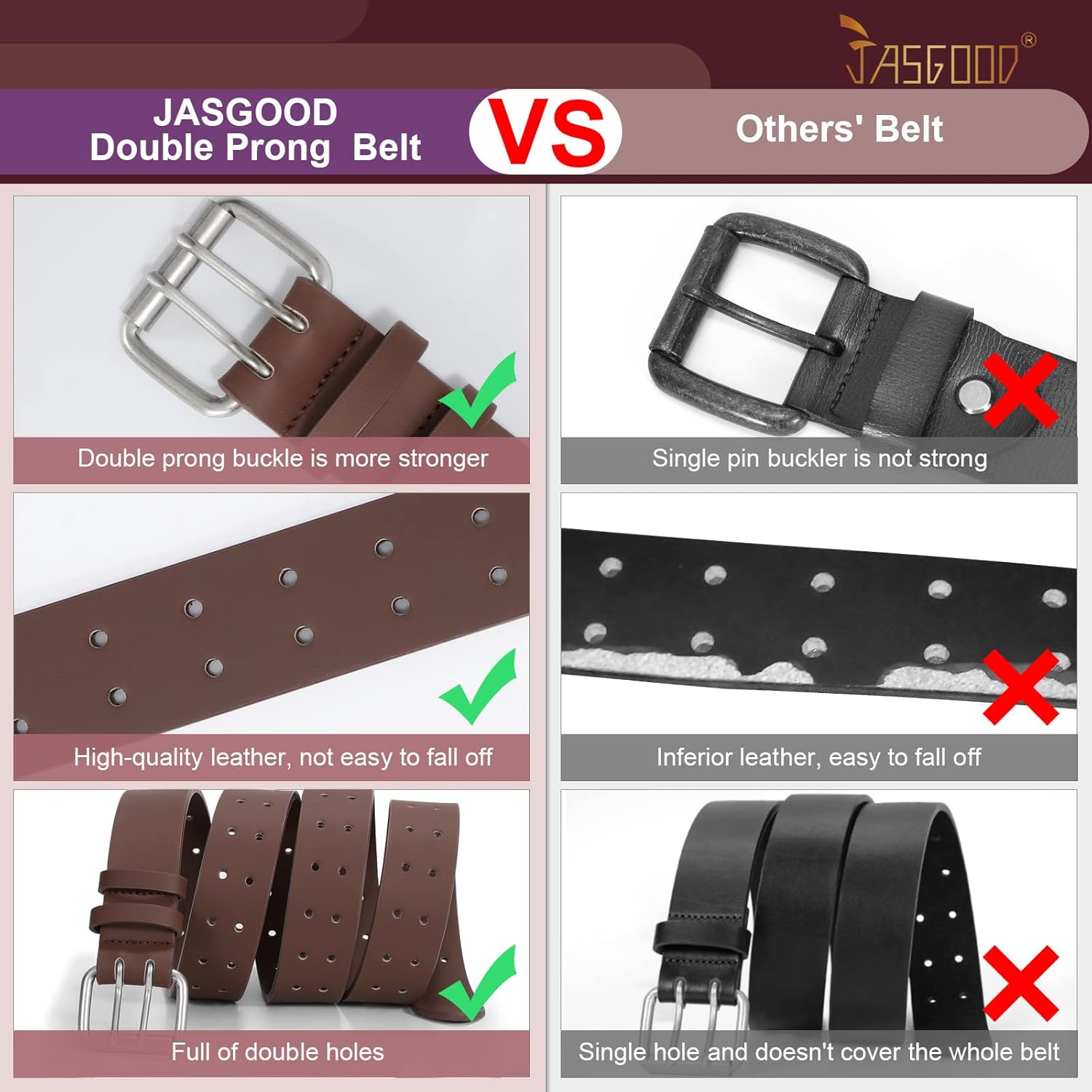 JASGOOD Men Double Prong PU Leather Belt Casual Work Heavy Duty Belt Double Grommet Holes Belt for Jeans - Image 2