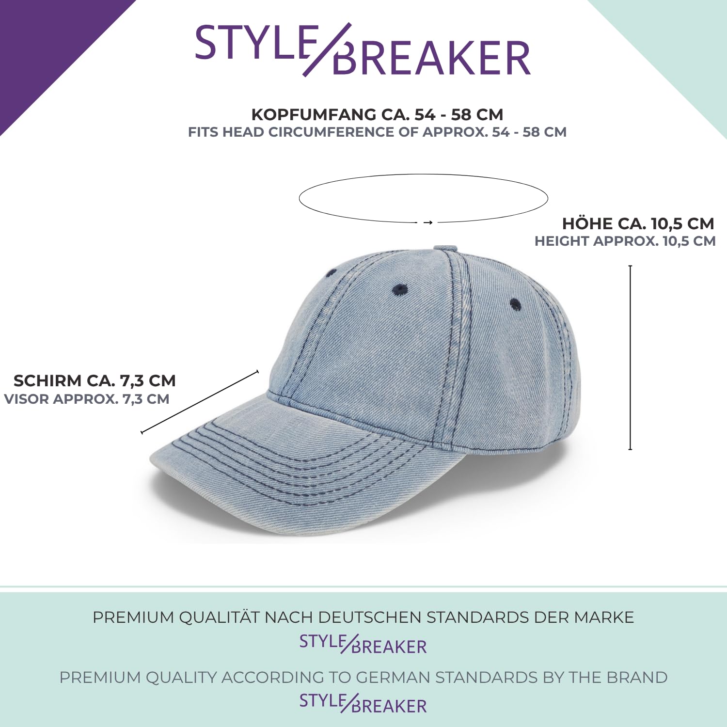 styleBREAKER Gorra Baseball Unisex en Mezclilla con Hebilla Ajustable, Visera Curvada y Agujeros de Ventilación, Gorra de Algodón Transpirable para Hombres y Mujeres
