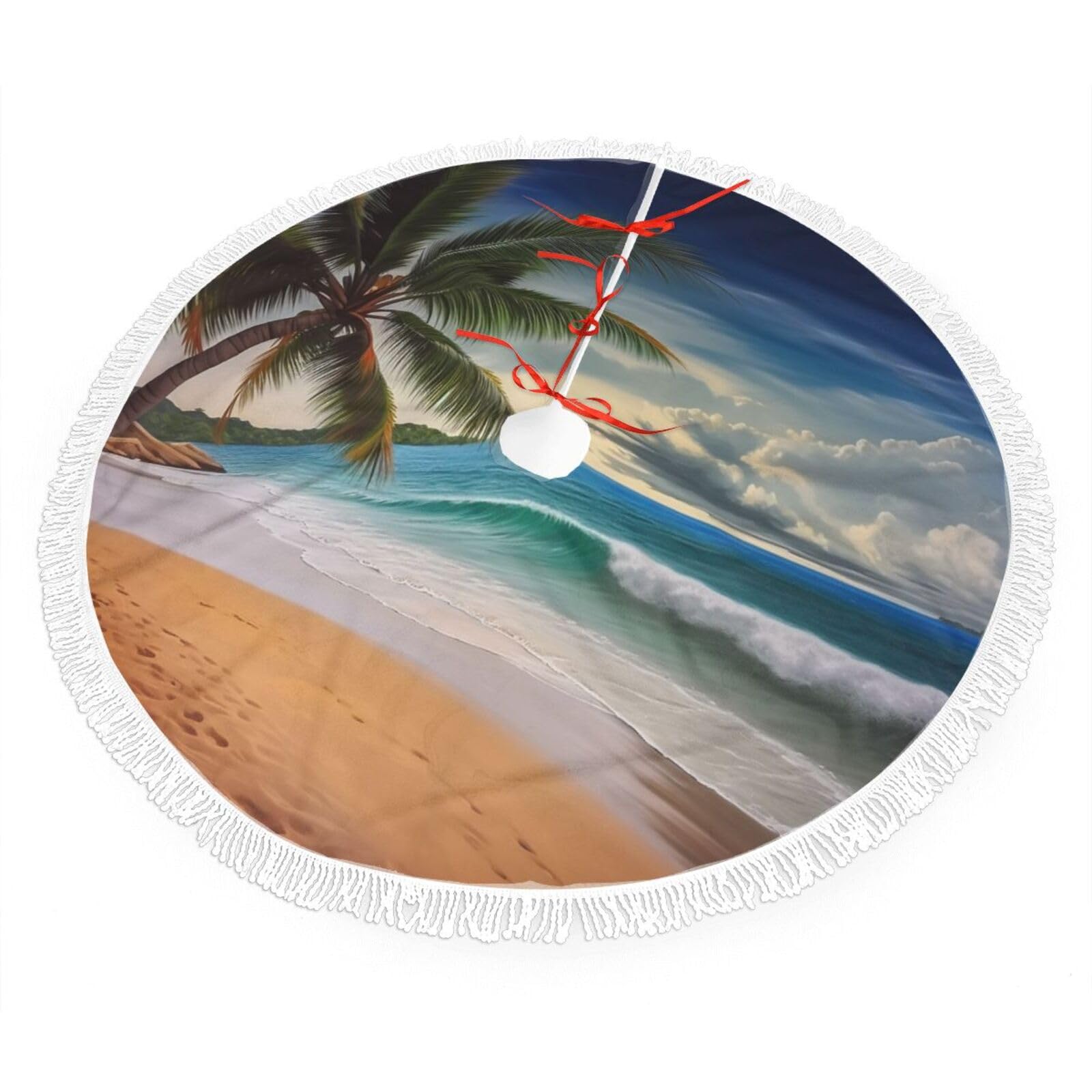 Coconut Palm Tree Sandy Beach Christmas Tree Skirt 48", Soft Plush Xmas Tree Carpet with Tassel Christmas Ornaments Winter Holiday Tree Mat Decoration for Home Party Supplies
