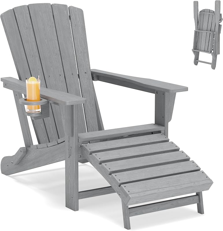 Polyhouz Folding Adirondack Chair with Retractable Ottoman,HDPE Outdoor Adirondack Chair with Cup Holder,All-Weather Lounge Chairs for Outside,Patio,Pool,Fire Pit,Grey