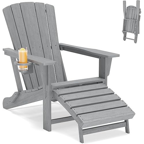 Folding Adirondack Chair with Retractable Ottoman,HDPE Outdoor Adirondack Chair with Cup Holder,All-Weather Lounge Chairs for Outside,Patio,Pool,Fire Pit,Grey