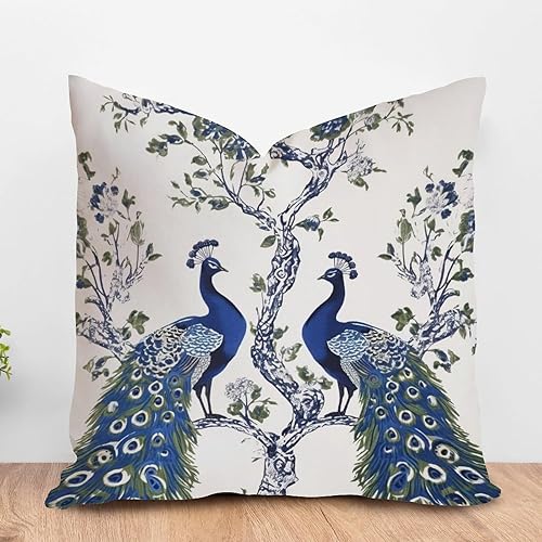 ArogGeld Funda de cojín para sofá de estilo asiático japonés, diseño de grulla chinoiserie, pájaro, pavo real, flor azul y pájaro, fundas de