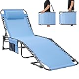 Folding Outdoor Chaise Lounge Chair, Adjustable Lightweight Portable Beach Lounge Chair for Patio, Pool, Lawn, Deck, Sunbathing, Camping Reclinging Chair with Pillow Side Pocket, Lightblue