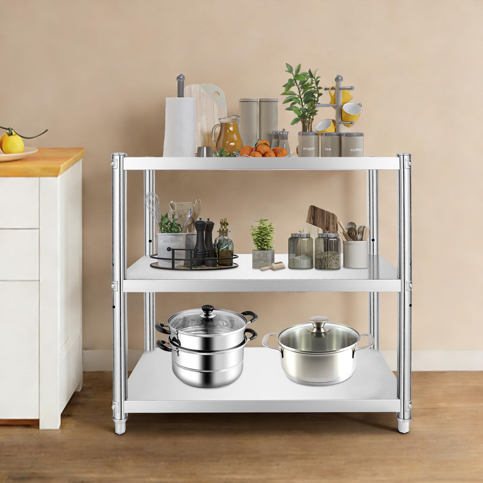 Estantería Metálica Cocina Acero Inoxidable 3 Niveles 80x80x40cm Estantería Almacenaje con Bandeja y Pies Regulables Resistente Agua y Óxido Carga 120kg para Baño Dormitorio Garaje
