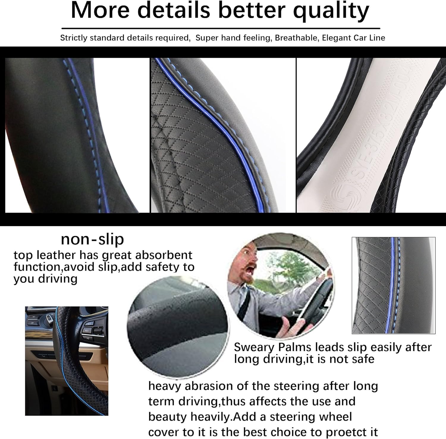 Flaconi Funda Volante Coche,Funda Volante,Universal Antideslizante Protección del Volantes,Accesorios para el Interior del Coches,Adecuado para Volantes con un Diámetro Exterior(Negro&Azul)