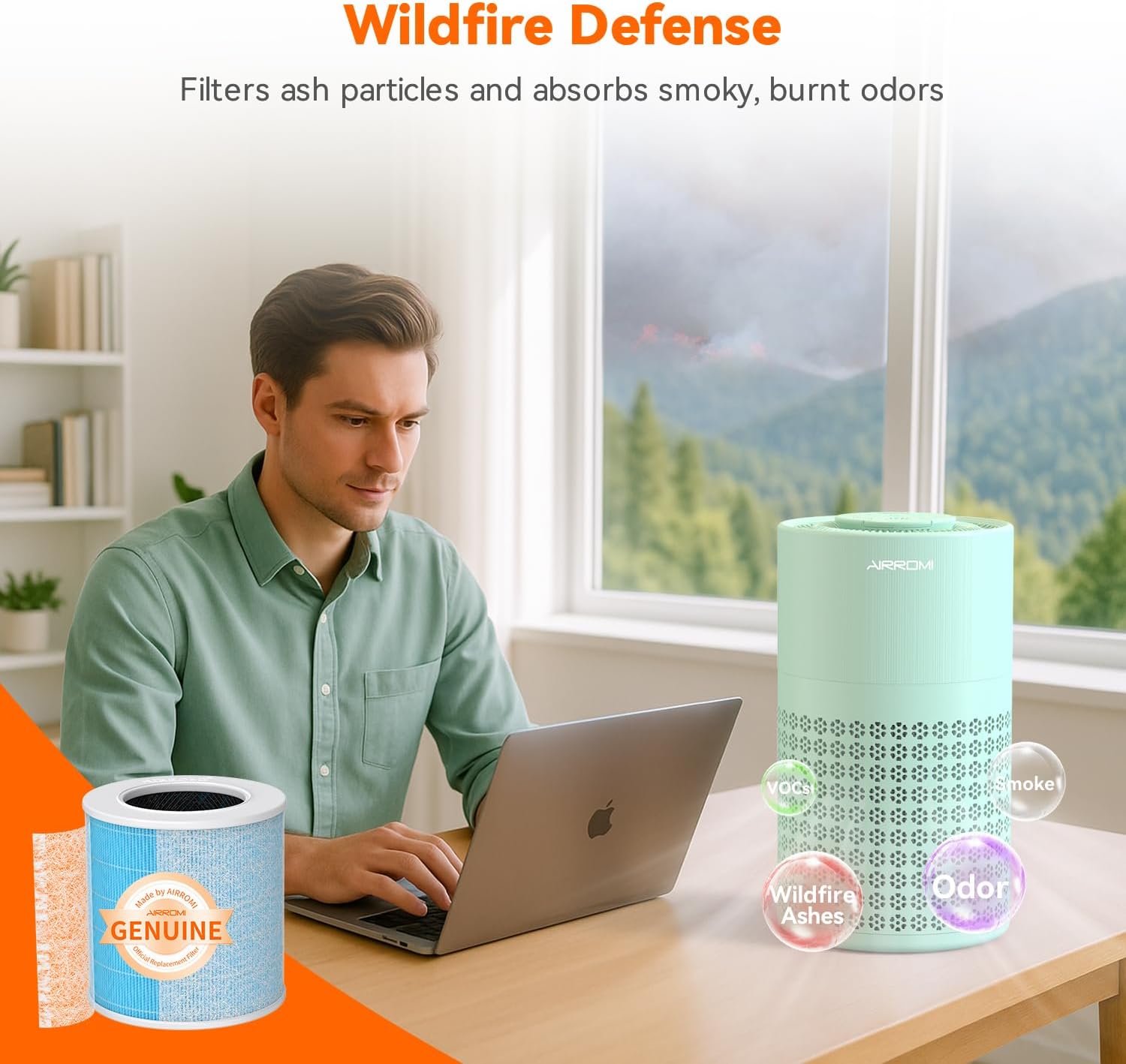 AIRROMI Air Purifier for Bedroom with HEPA 3-in-1 Filter, Pet Air Purifier for Home Cat Pee Smell, Covers Upto 990 Ft², Quiet 360°intake Air Cleaner for pet hair,allergies,Dust,Smoke A2001 Green image 6 of 9 B0CQPDJBHM