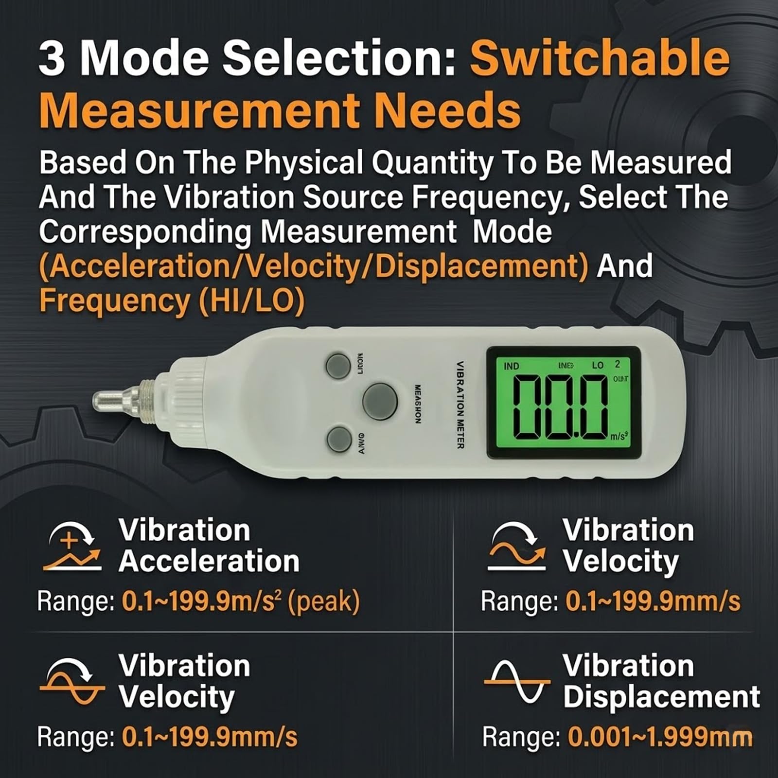 MObyat Probador Vibración Pluma, Medidor Vibración Digital Vibrómetro con LCD Retroiluminado, Sonda Alta Sensibilidad, 3 Modos, Lámpara Retroiluminación HD para Falla Mecánica