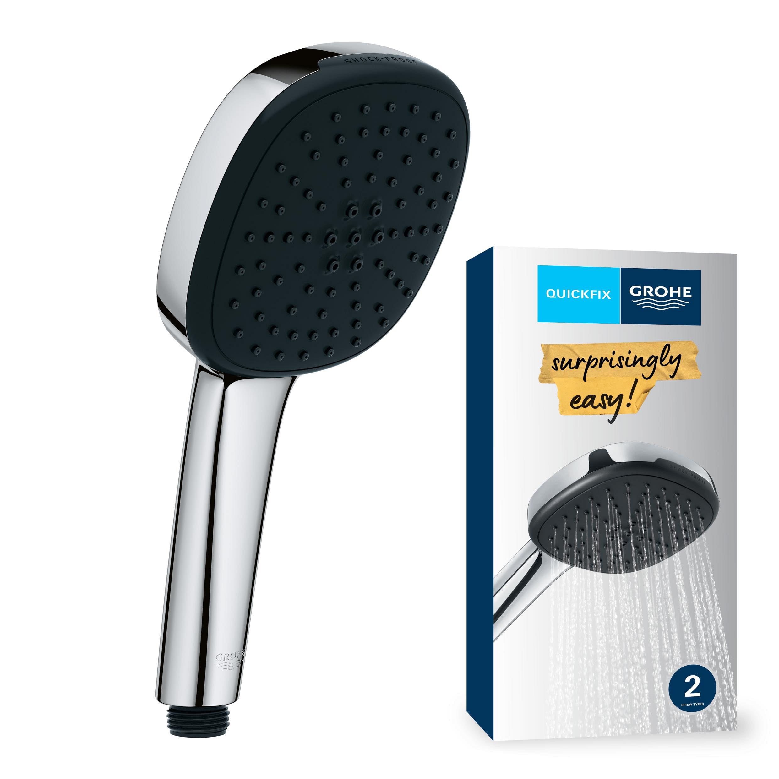 GROHE Vitalio 110, Duschkopf, 14l pro Min (Handbrause mit 2 Strahlarten, per Drehregler verstellbar, Universalanschluss, Silikonring schützt Duschbrause bei Stürzen), eckig, chrom, 26926001