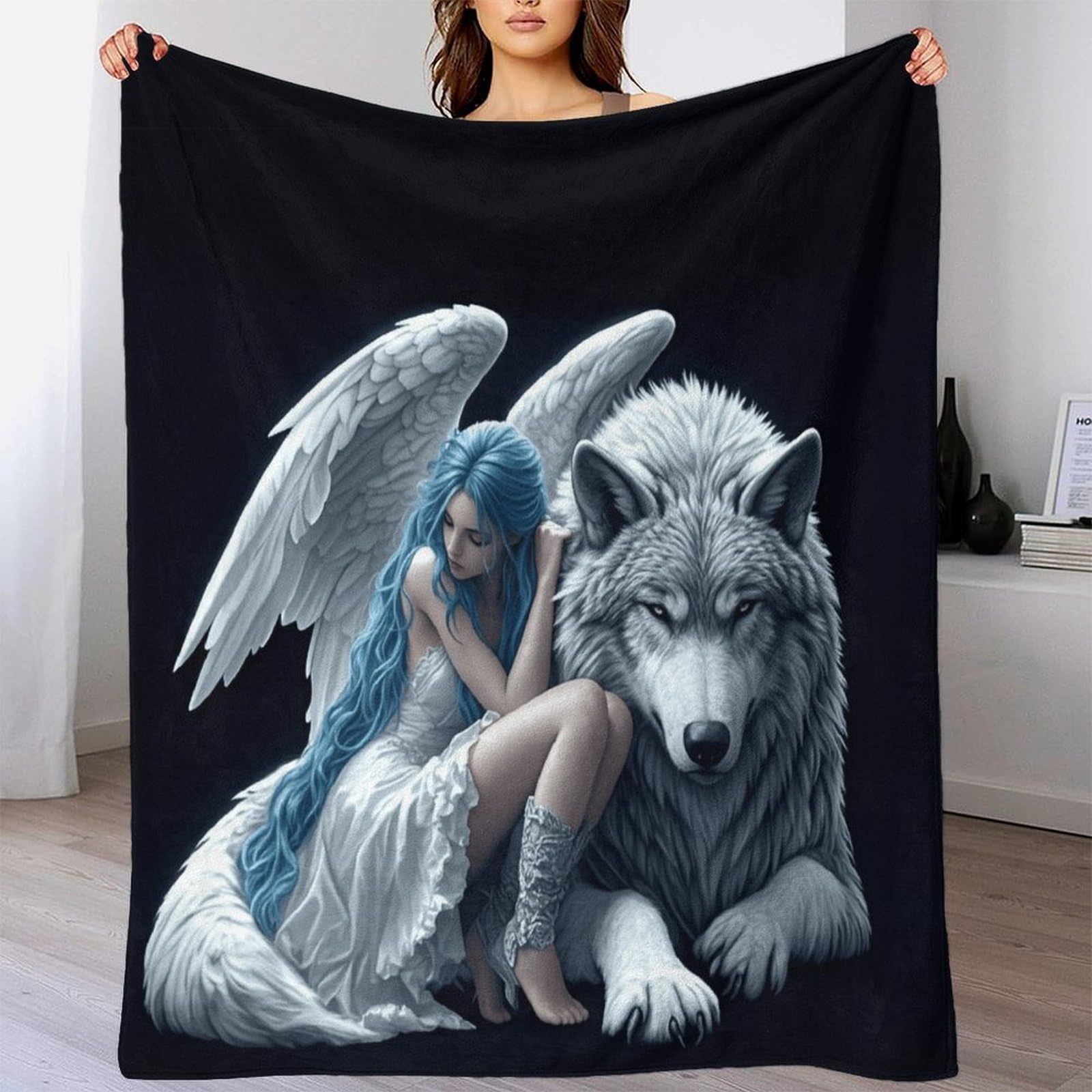 LILIlaobiao Alpha Pair Wolf Fleece Blanket 80x90inch(200x230cm), Seamless Soft Cozy 3D Jacquard Flannel Blanket Angel Extra Large for Bed, Sofa, Couch, Travel & Camping