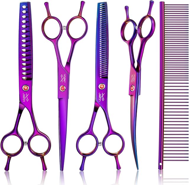 JASON Dog Grooming Scissors Kit, Professional 6 in 1 Dog Scissors Sharp & Durable Shears Set - Straight, Thinning, Chunker, Curved Shears and Comb for Long Short Hair for Dog Cat Pet