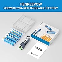Vista 7 de Henreepow Baterías recargables de litio AA de 1.5 V, alta capacidad de 2600 mWh, batería recargable de iones de litio doble A, 1200 ciclos con cable