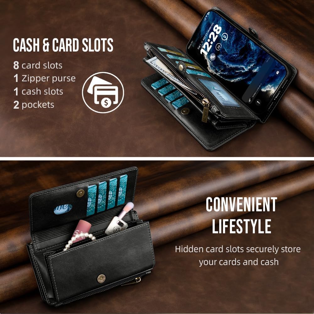 for iPhone 17 Pro Max Wallet Phone Case with 8 Card Holder,RFID Blocking | PU Leather | Kickstand | Flip | Wrist Strap&Shoulder Strap | Shockproof | Zipper Wallet | Women Men | 6.9" | Black