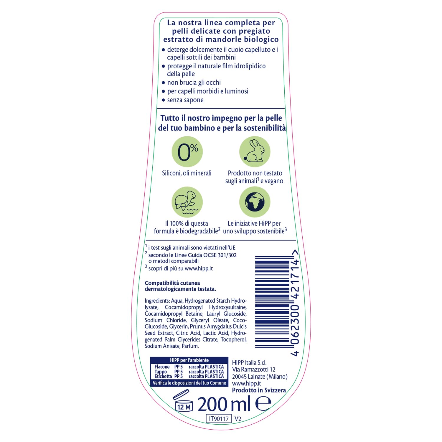 HiPP - Baby Care - Shampoo Delicato per Bambini, Deterge con Delicatezza, Non Irrita gli occhi, per Pelli Sensibili, con Estratto Naturale di Mandorle Bio, 1 Flacone da 200 ml