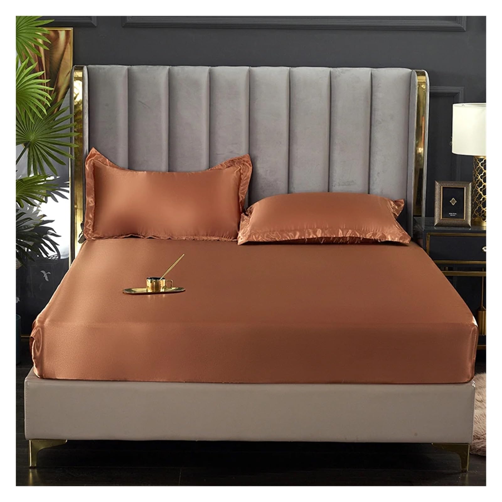 Drap housse en satin beige 160x200x25 cm pour lit deux personnes