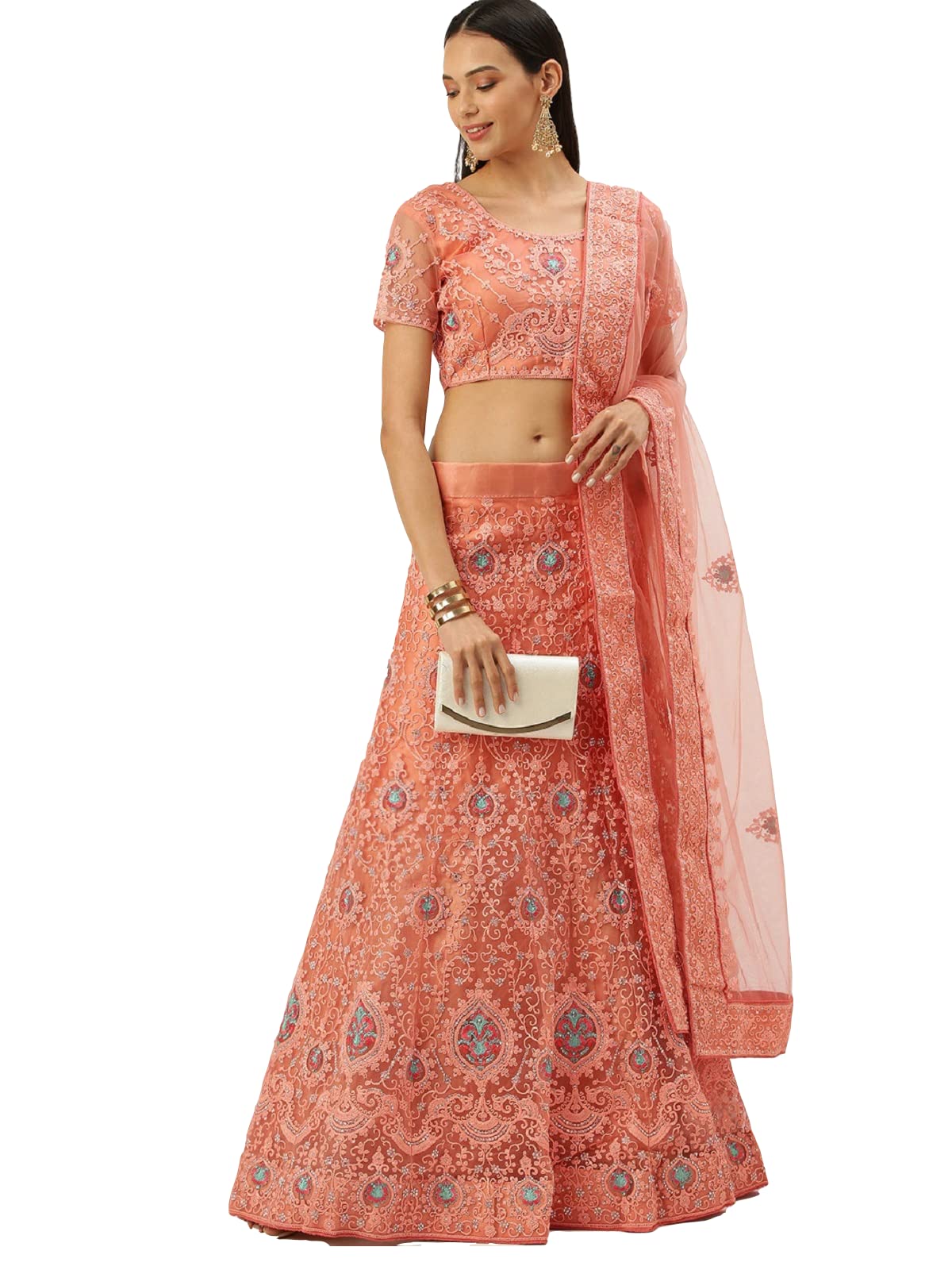 Bollyclues Women's Net Embroidered Semi-Stitched Lehenga Choli(2-Ton_Green_Free Size)
