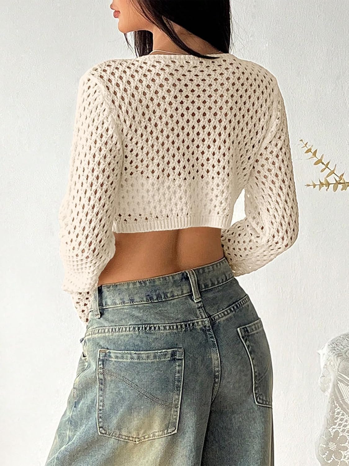 Women's Tie Front Crochet Bolero Shrug Sweater Open Front Long Sleeve Cropped Hollow Out Fashion Cardigans