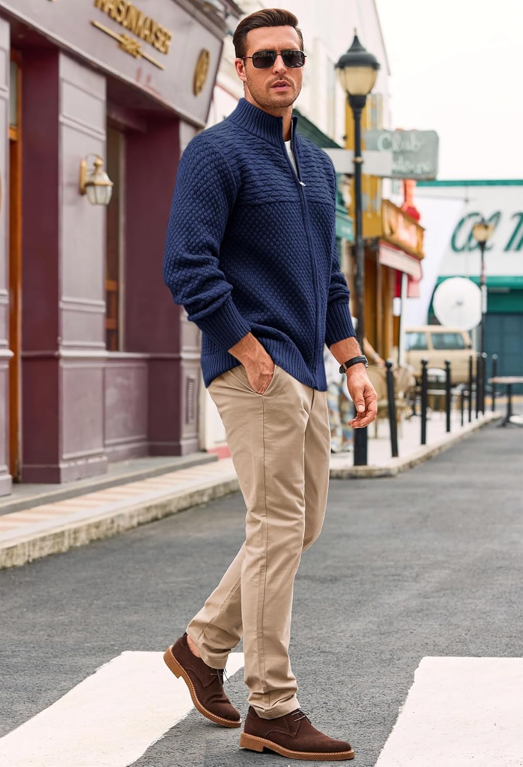 Runcati Mens Zip Up Cardigan Sweater Casual Stand Collar Textured Knit Ribbed Chunky Sweaters - Image 4