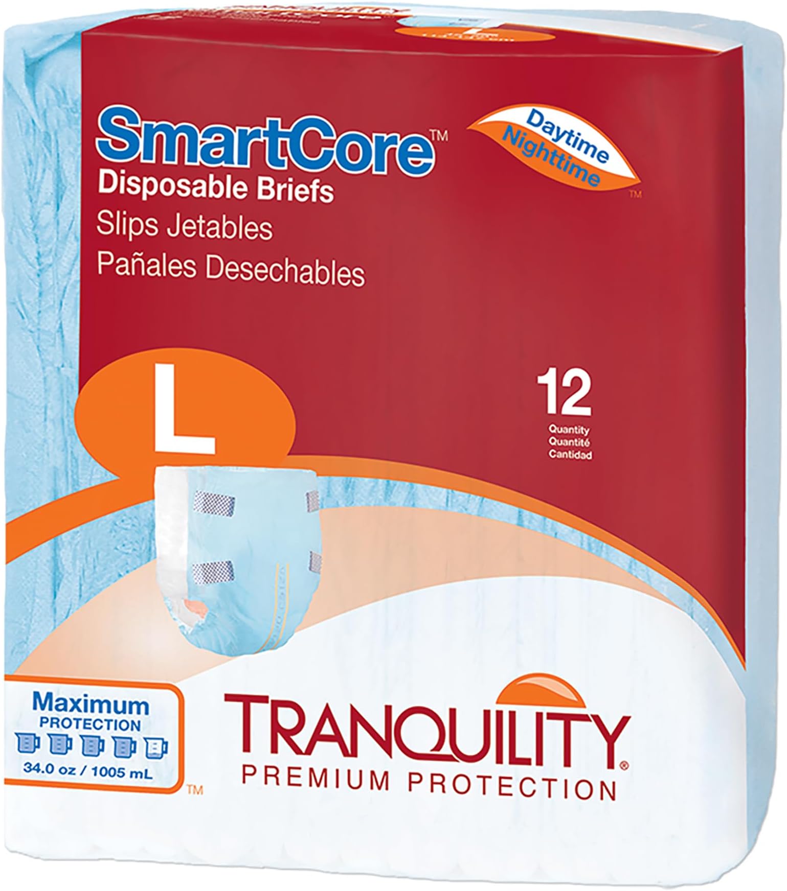 SmartCore Adult Disposable Briefs, Incontinence Control with Breathable Kufguard Technology, Fastening Tabs & Wetness Indicator, Latex-Free, Adult Large, 34oz Capacity, 12ct Bag