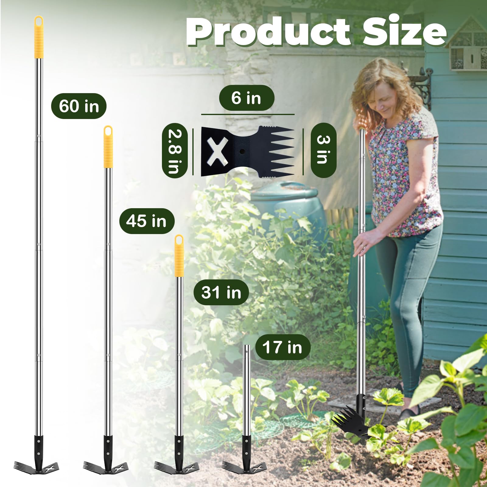 NICOFPHY Herramienta extractora de malezas con mango largo, herramientas manuales de 60 pulgadas para jardinería, rastrillo de malezas de mano 2 en 1 y herramienta de desbrozador de jardín